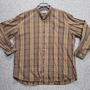 Barbour Mens Regular Fit Plaid Button Down Shirt Brown Olive 2XL Long Sleeve